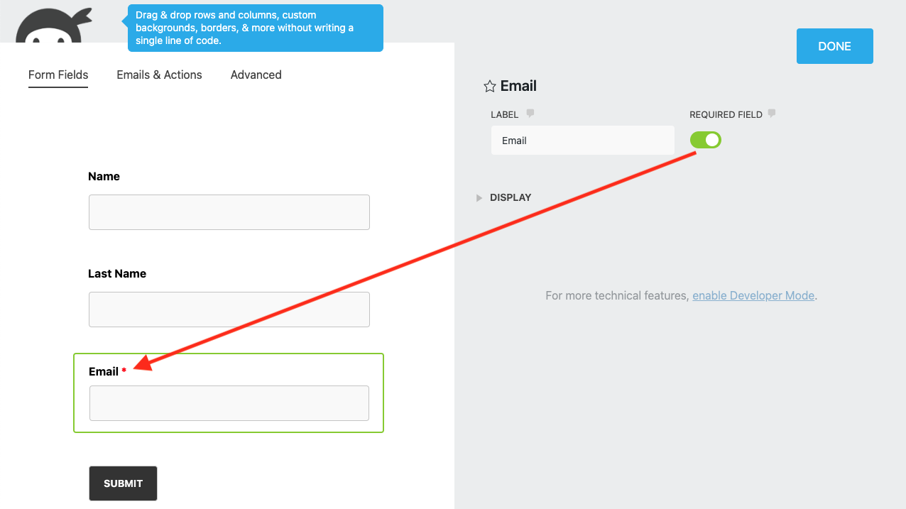 image of the settings window for an Email field, with an arrow indicating how toggling on the Required Field setting is reflected by the red asterik that appears next to the email field's label in the builder.
